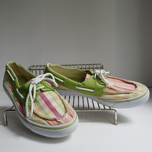 Boat Shoe/Sneakers Pale Green With Pink Plaid White Soles & Laces Size 8 - Picture 9 of 9